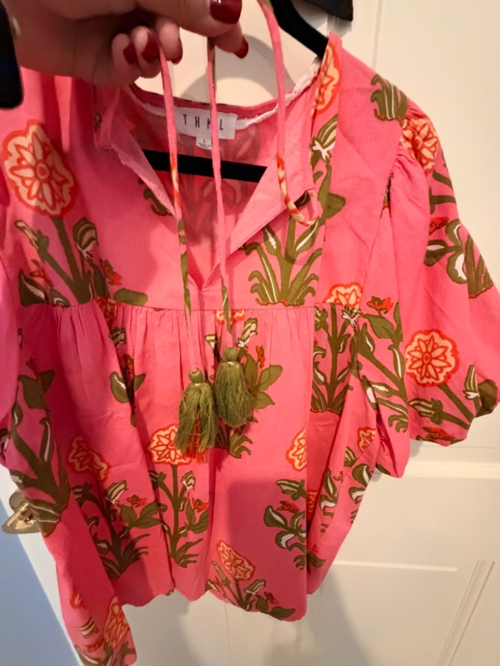 THML Pink Floral Puff Sleeve Tassel Top | L - Picture 3 of 4